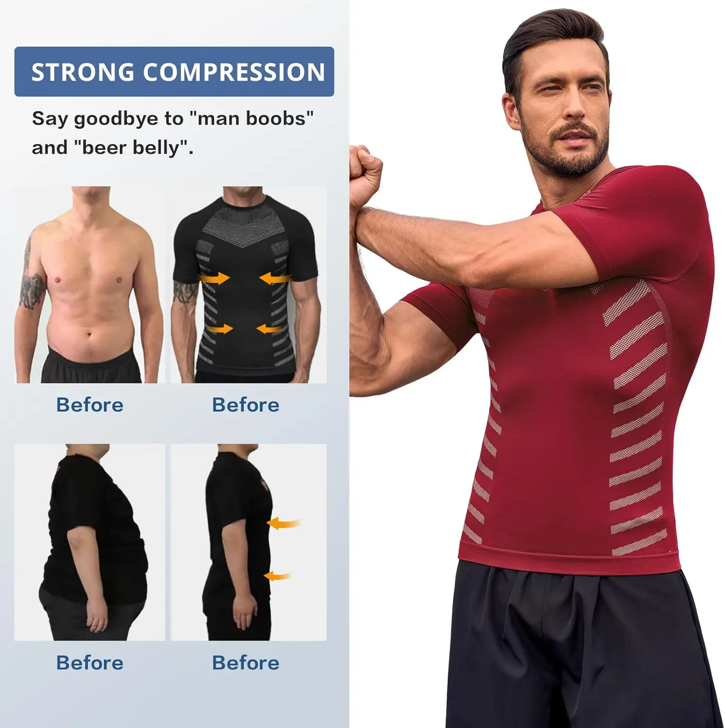 Beotyshow Gynecomastia Compression Shirts Short Sleeve Slimming Body Shaper Shapewear Workout T Shirts Undershirts