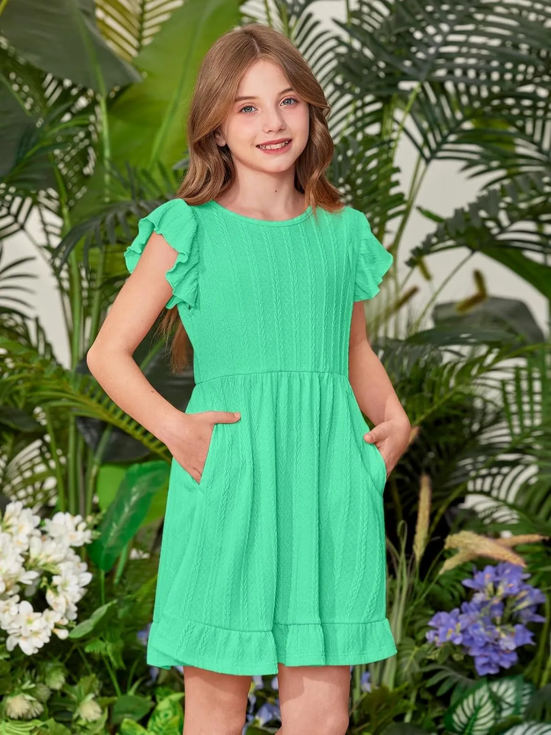 BesserBay Girls Crew Neck Ruffle Flutter Sleeve Midi Dress Knit Elastic Waist Ruffle Hem Swing Dress with Pockets 5-14 Years