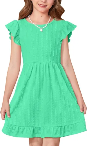 BesserBay Girls Crew Neck Ruffle Flutter Sleeve Midi Dress Knit Elastic Waist Ruffle Hem Swing Dress with Pockets 5-14 Years