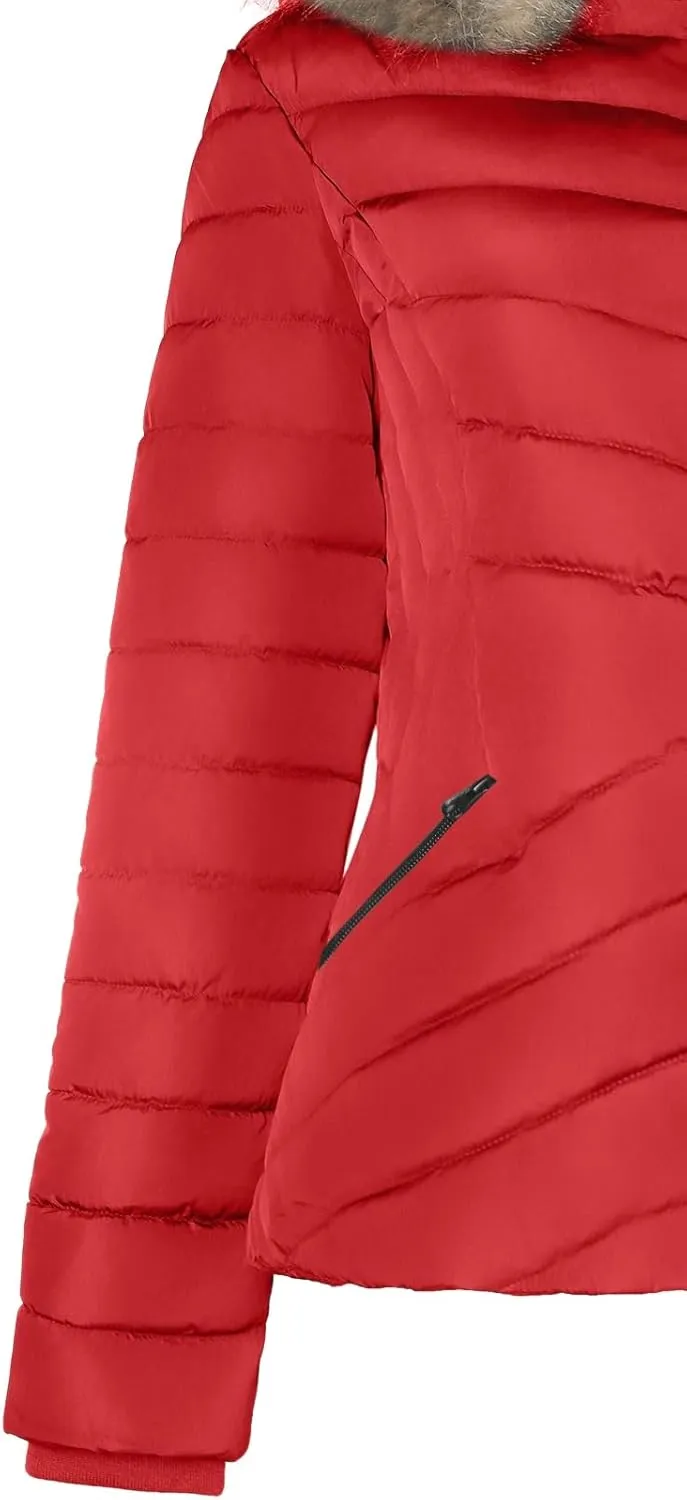 BodiLove Women's Belted Down Puffer Jacket with Faux Fur Trim Hood