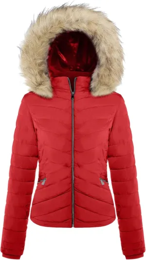 BodiLove Women's Belted Down Puffer Jacket with Faux Fur Trim Hood