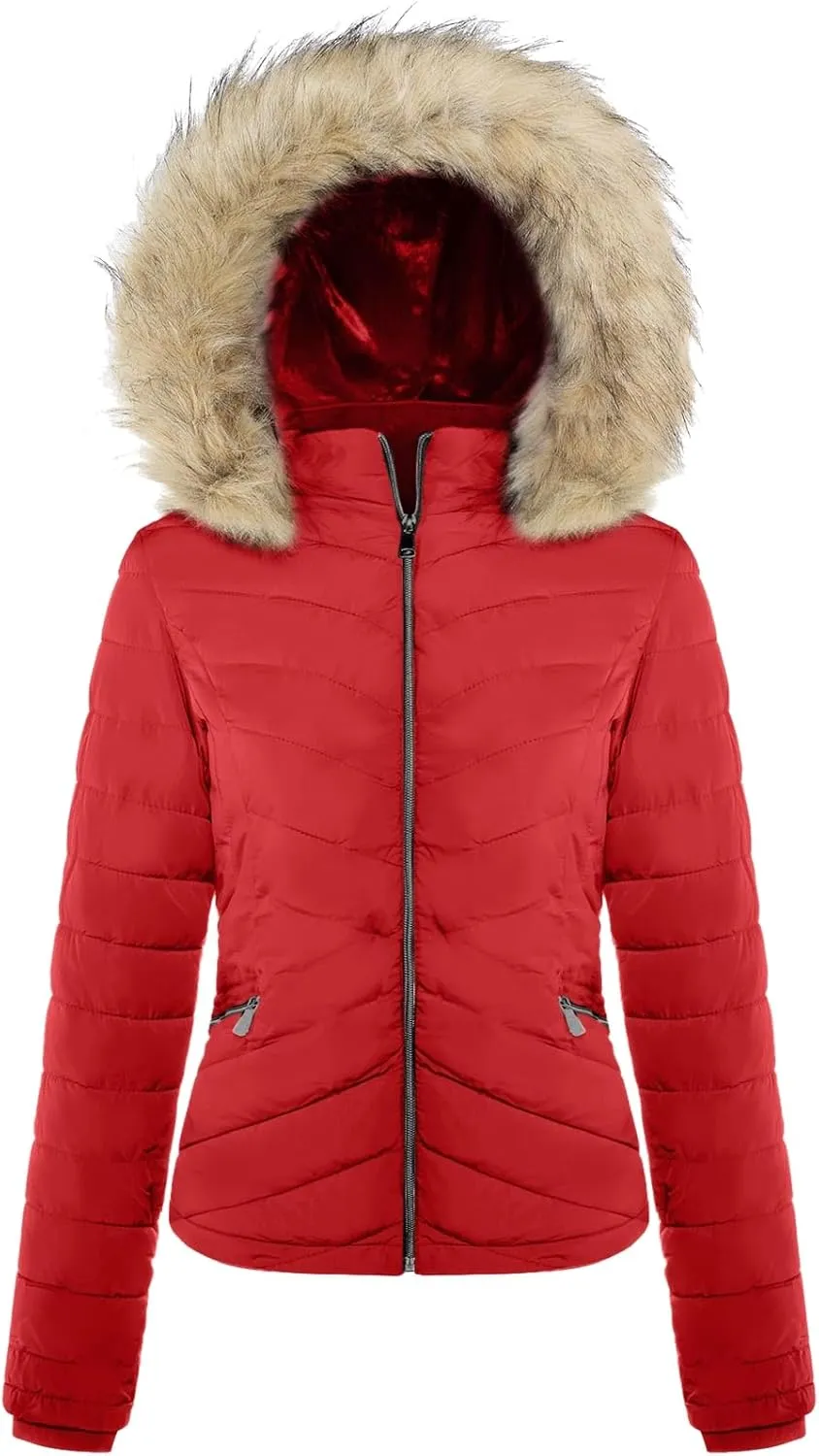 BodiLove Women's Belted Down Puffer Jacket with Faux Fur Trim Hood