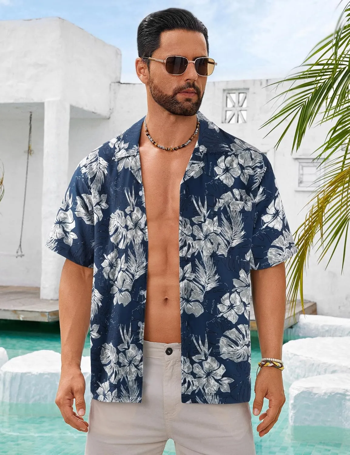 BOJIN Men's Hawaiian Shirts Short Sleeve Button Down Casual Shirts Summer Printed Tropical Floral Aloha Beach Shirts