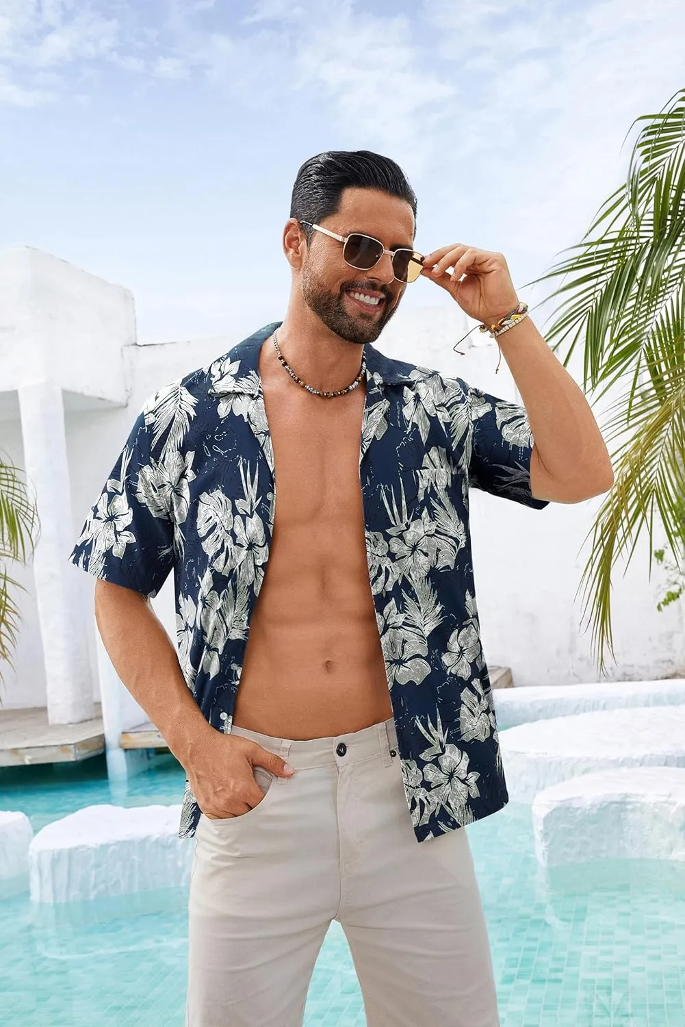 BOJIN Men's Hawaiian Shirts Short Sleeve Button Down Casual Shirts Summer Printed Tropical Floral Aloha Beach Shirts