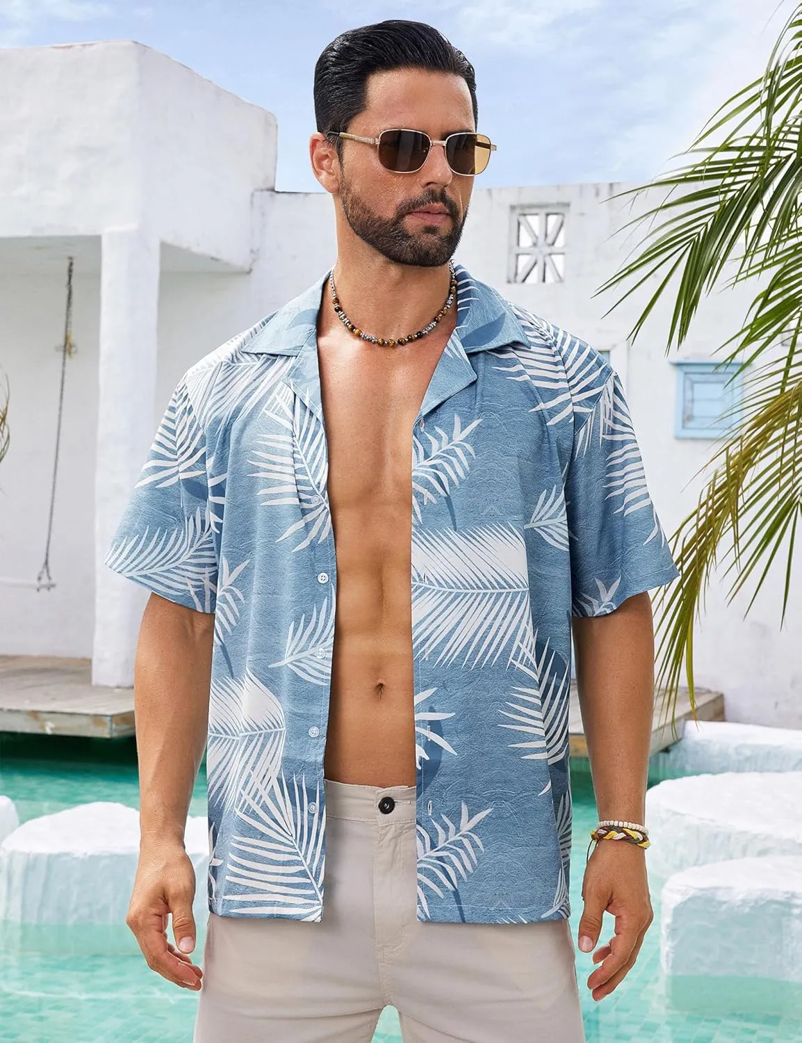 BOJIN Men's Hawaiian Shirts Short Sleeve Button Down Casual Shirts Summer Printed Tropical Floral Aloha Beach Shirts