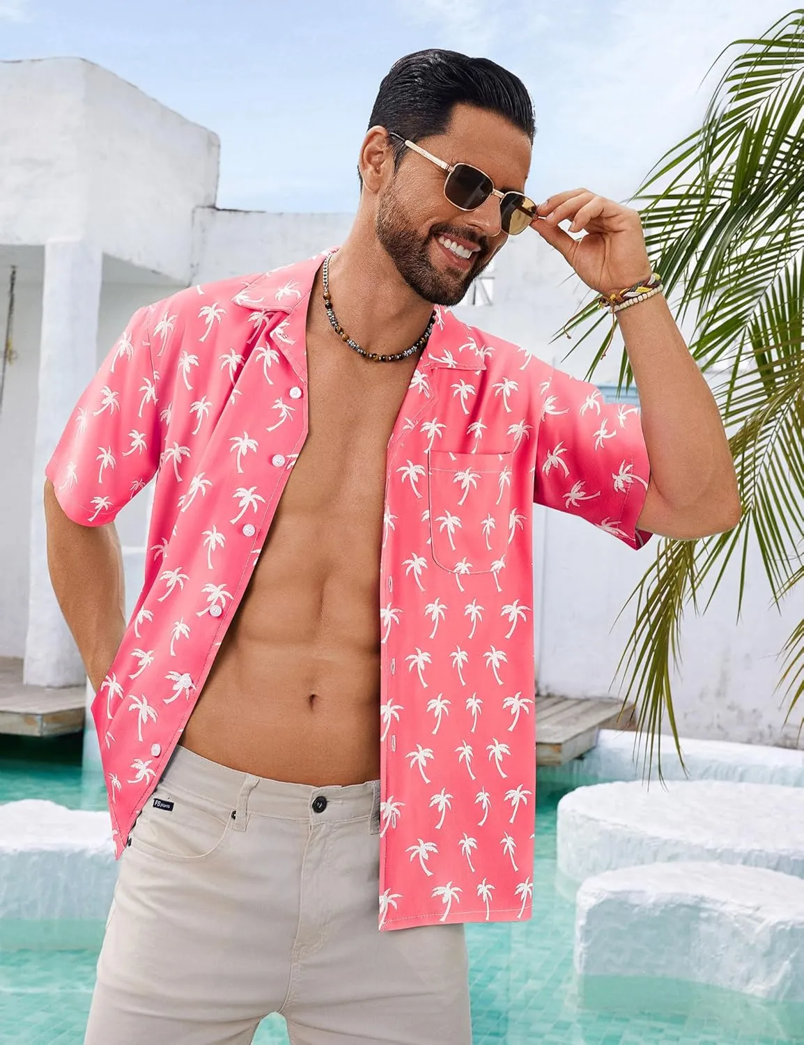BOJIN Men's Hawaiian Shirts Short Sleeve Button Down Casual Shirts Summer Printed Tropical Floral Aloha Beach Shirts