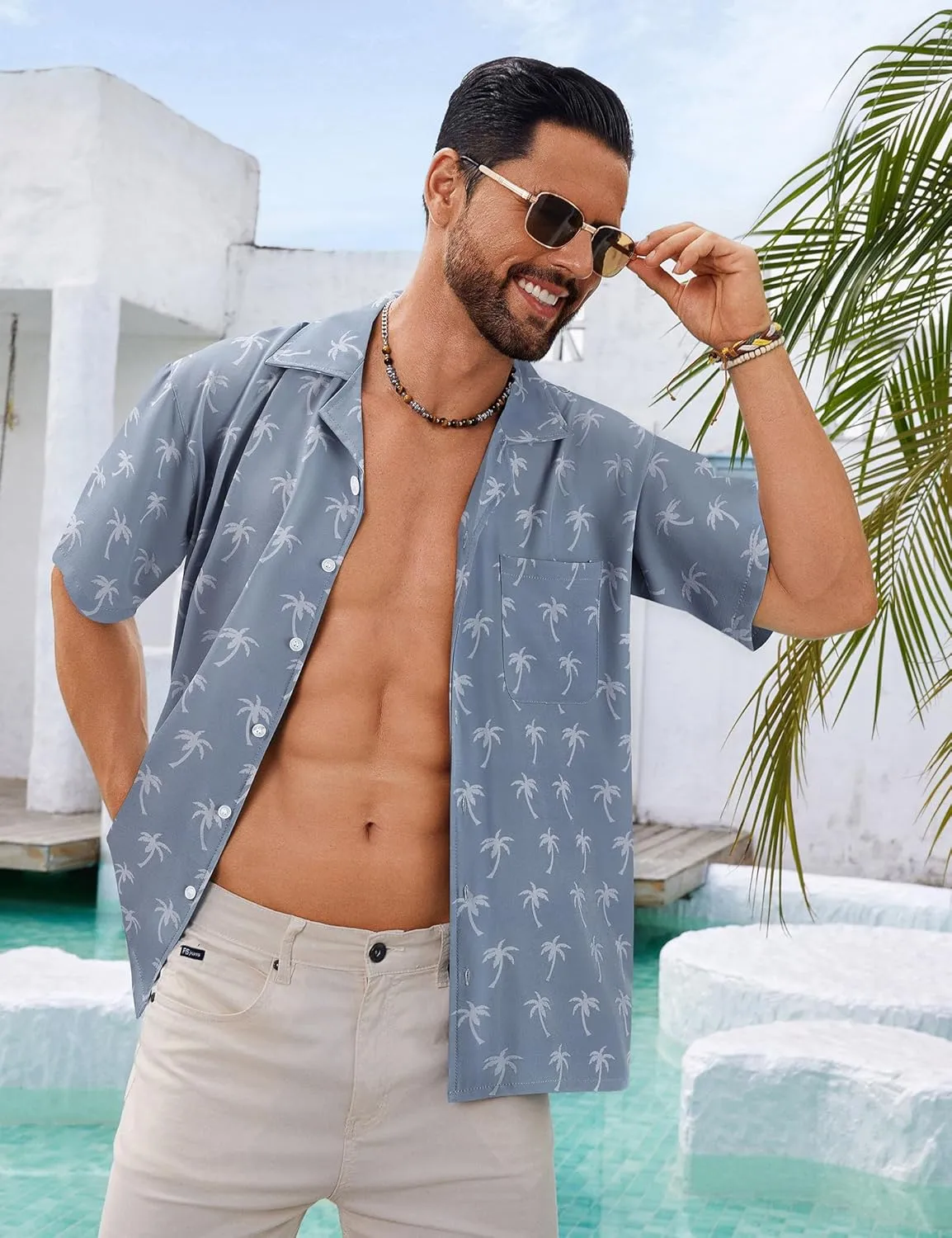 BOJIN Men's Hawaiian Shirts Short Sleeve Button Down Casual Shirts Summer Printed Tropical Floral Aloha Beach Shirts