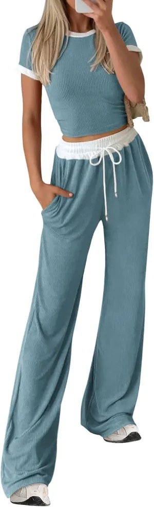 BTFBM Womens 2 Piece Outfits 2025 Spring Fashion Casual Clothes Ribbed Knit Crop Top Wide Leg Pants Tracksuit Lounge Set