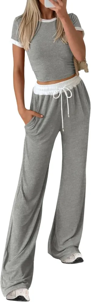 BTFBM Womens 2 Piece Outfits 2025 Spring Fashion Casual Clothes Ribbed Knit Crop Top Wide Leg Pants Tracksuit Lounge Set