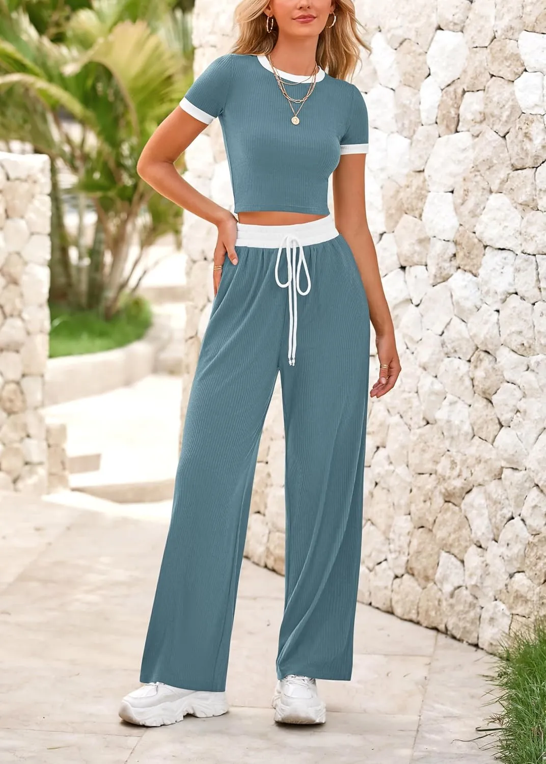 BTFBM Womens 2 Piece Outfits 2025 Spring Fashion Casual Clothes Ribbed Knit Crop Top Wide Leg Pants Tracksuit Lounge Set