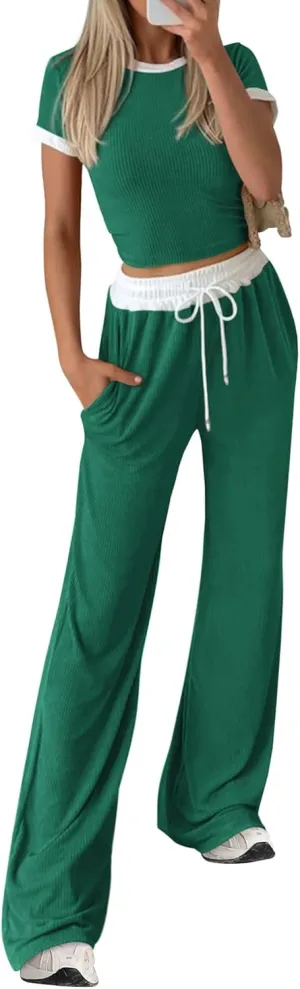 BTFBM Womens 2 Piece Outfits 2025 Spring Fashion Casual Clothes Ribbed Knit Crop Top Wide Leg Pants Tracksuit Lounge Set