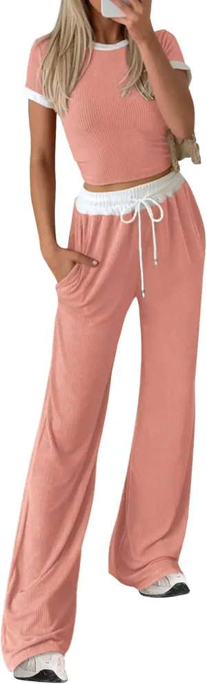 BTFBM Womens 2 Piece Outfits 2025 Spring Fashion Casual Clothes Ribbed Knit Crop Top Wide Leg Pants Tracksuit Lounge Set
