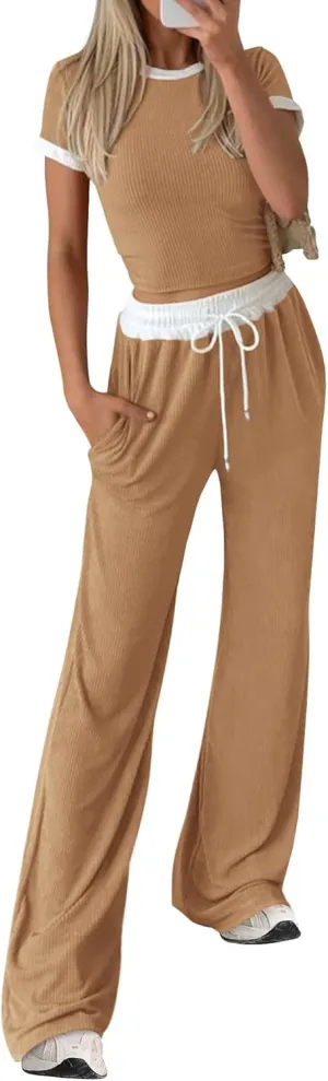 BTFBM Womens 2 Piece Outfits 2025 Spring Fashion Casual Clothes Ribbed Knit Crop Top Wide Leg Pants Tracksuit Lounge Set