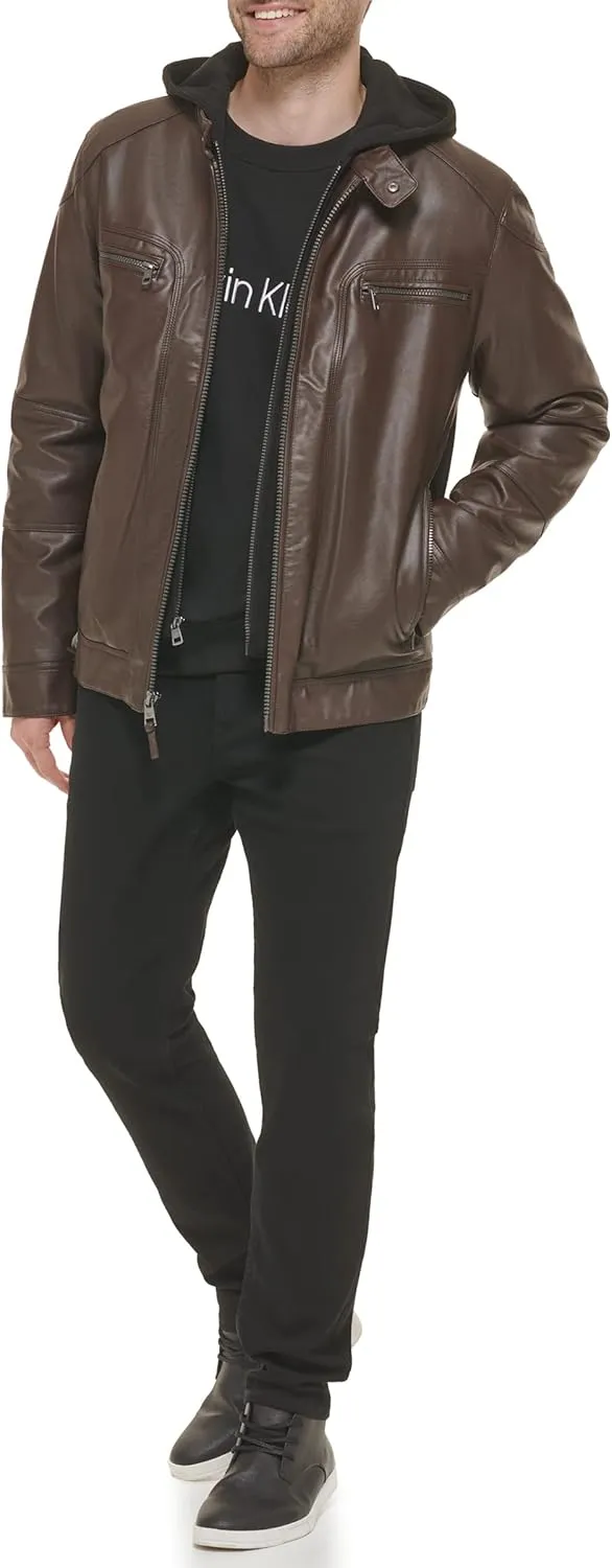 Calvin Klein Men's Motorcycle Jacket With Removable Hoodie