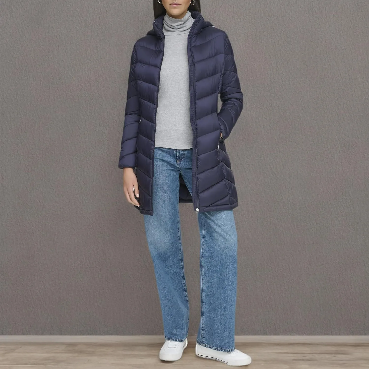 Calvin Klein Women's Everyday Hooded Zip Front Puffer Long Sleeve Coat