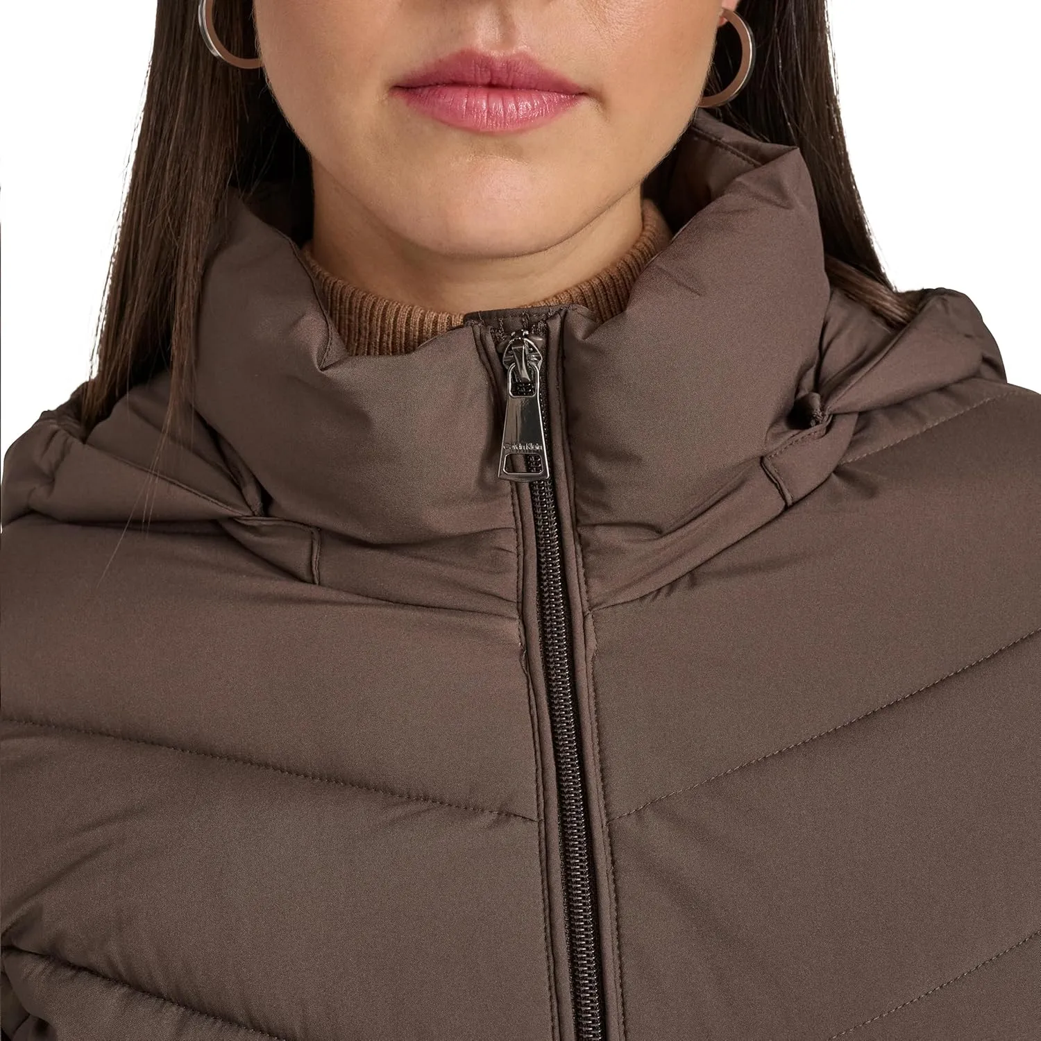 Calvin Klein Women's Everyday Hooded Zip Front Puffer Long Sleeve Coat