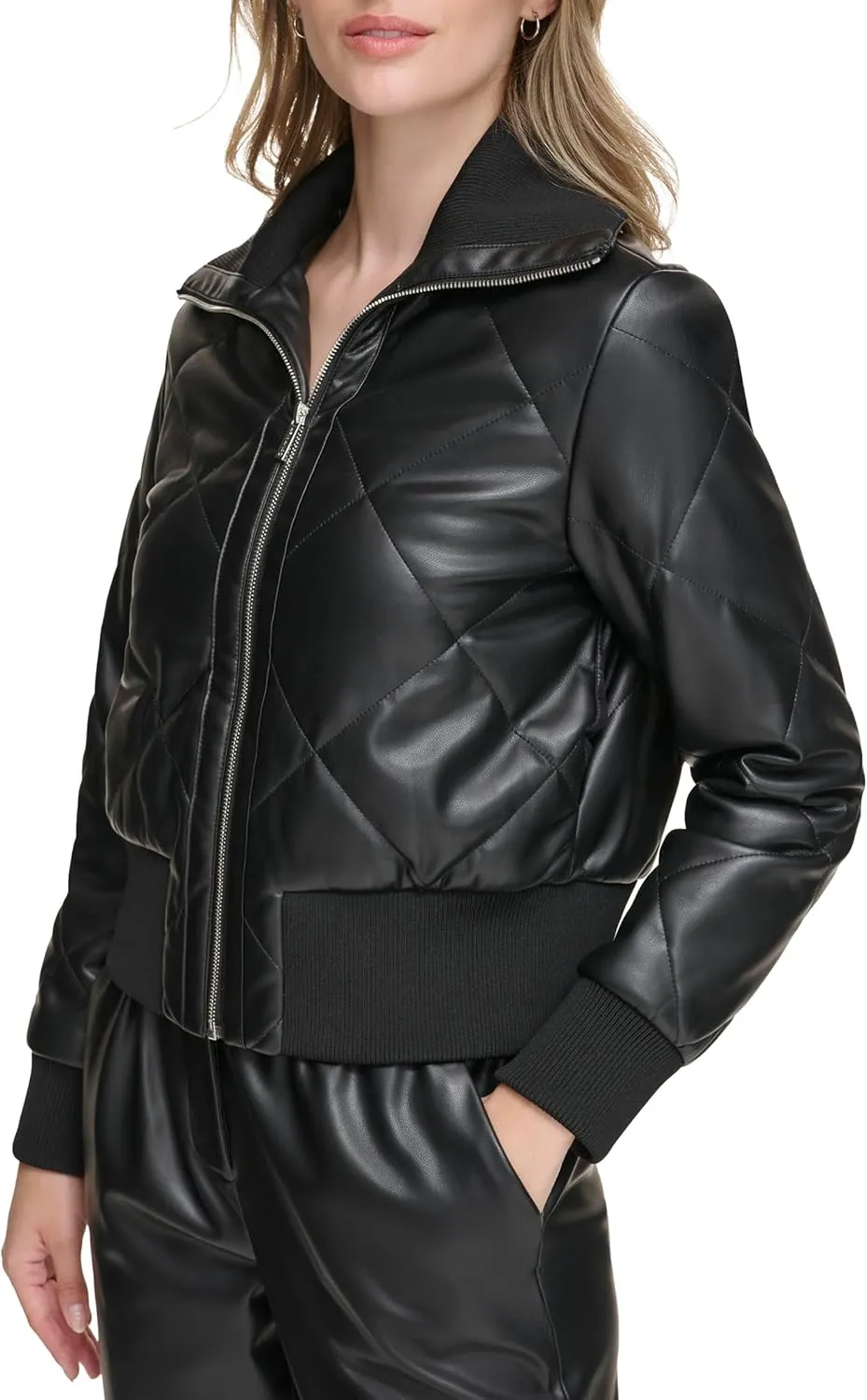 Calvin Klein Womens Quilted Faux Leather Jacket