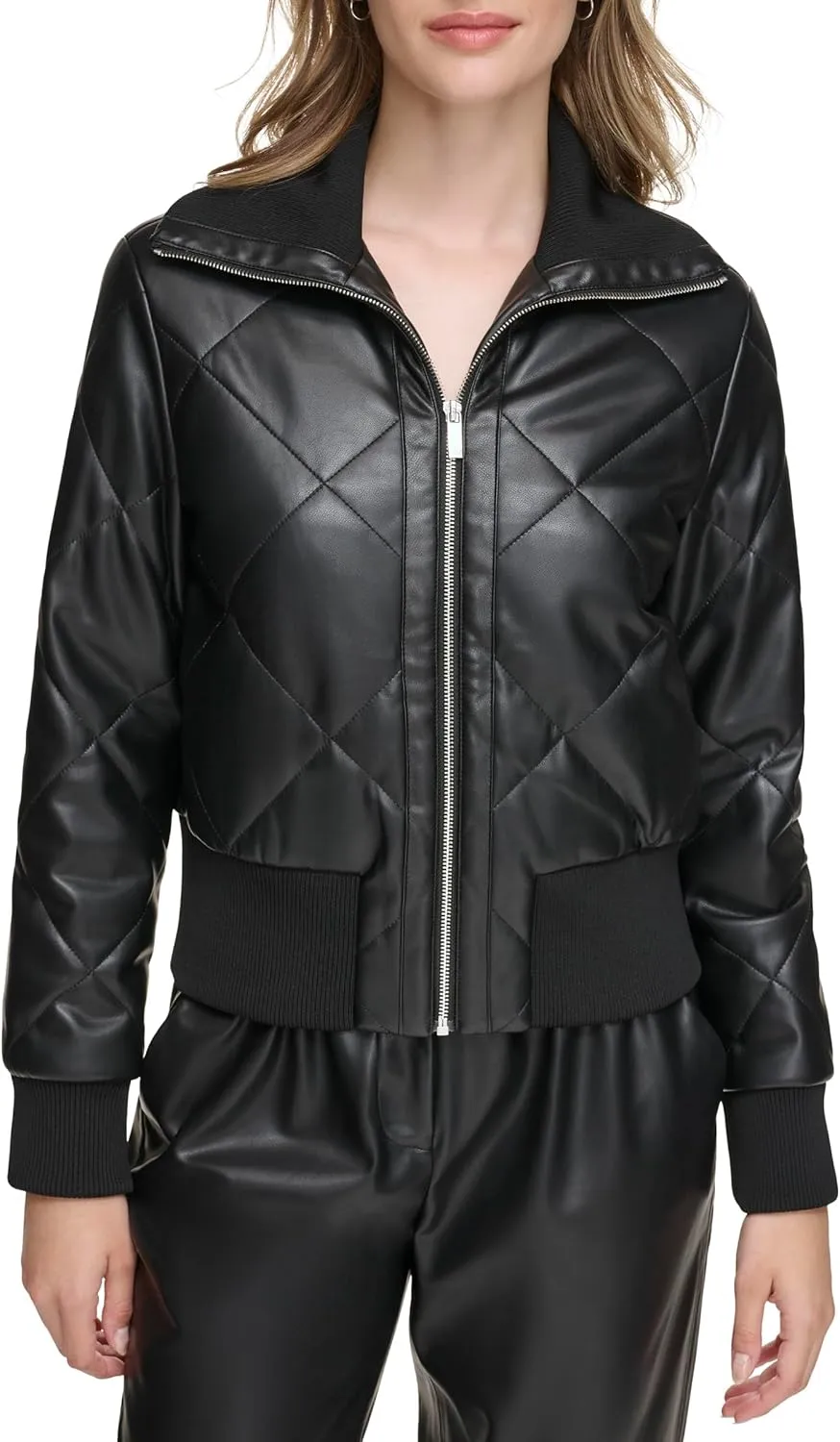 Calvin Klein Womens Quilted Faux Leather Jacket