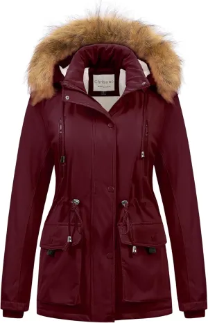 Chrisuno Women's Winter Parka Coats Soft Fleece Sherpa Lined Drawstring Snow Jacket With Faux Fur Trim Hood