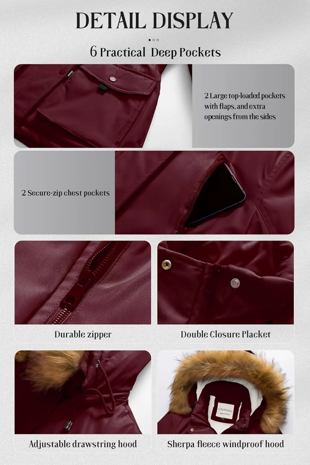 Chrisuno Women's Winter Parka Coats Soft Fleece Sherpa Lined Drawstring Snow Jacket With Faux Fur Trim Hood