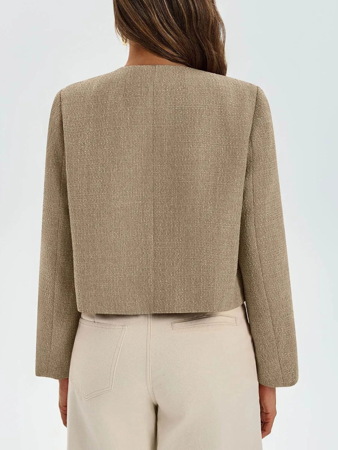 Cicy Bell Womens Cropped Tweed Blazer Collarless Button Down Bomber Jacket Business Casual Fall Outfits