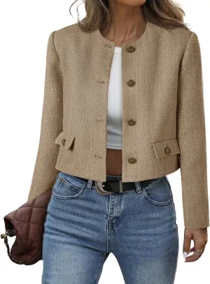 Cicy Bell Womens Cropped Tweed Blazer Collarless Button Down Bomber Jacket Business Casual Fall Outfits