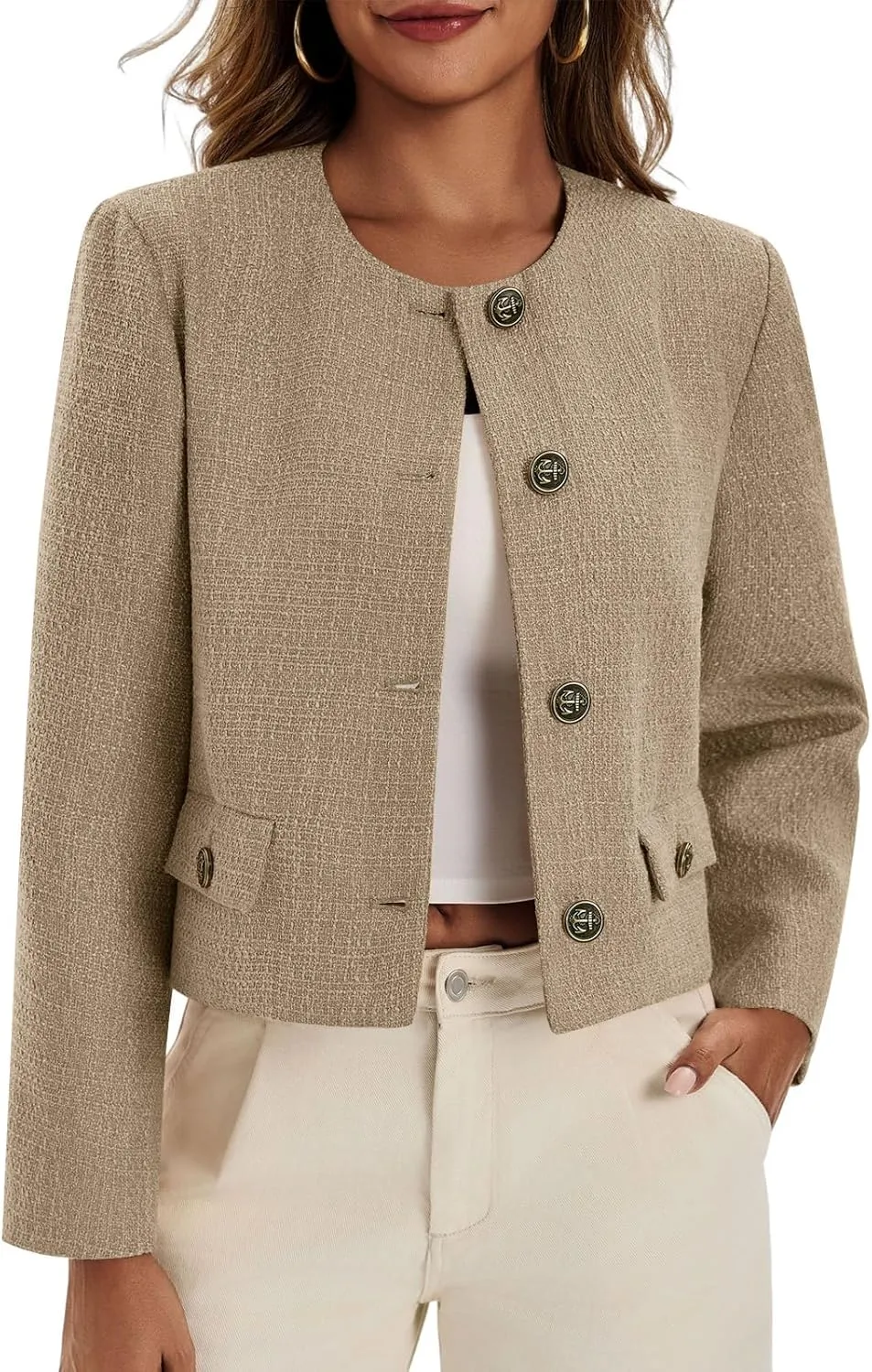 Cicy Bell Womens Cropped Tweed Blazer Collarless Button Down Bomber Jacket Business Casual Fall Outfits