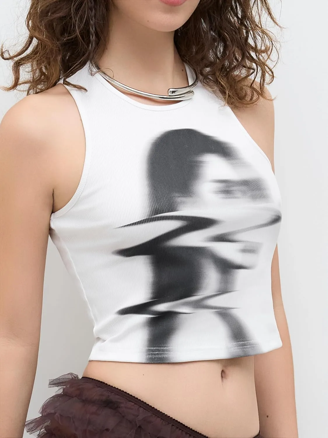 CIDER Womens Figure Graphic Crop Tank Top Y2K Summer Going Out Crew Neck Shirts