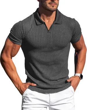 Collared Muscle Shirts for Men Ribbed Knit Slim Fit Polo Shirts Short Sleeve, Mens V Neck T Shirts Casual Stylish