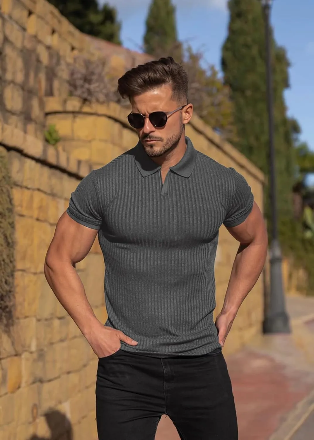 Collared Muscle Shirts for Men Ribbed Knit Slim Fit Polo Shirts Short Sleeve, Mens V Neck T Shirts Casual Stylish