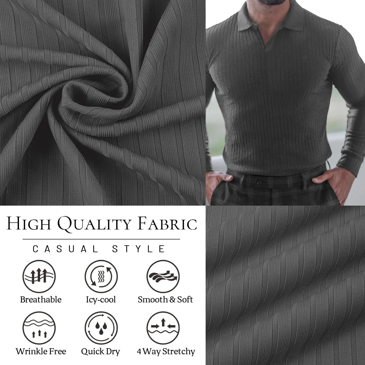 Collared Muscle Shirts for Men Ribbed Knit Slim Fit Polo Shirts Short Sleeve, Mens V Neck T Shirts Casual Stylish