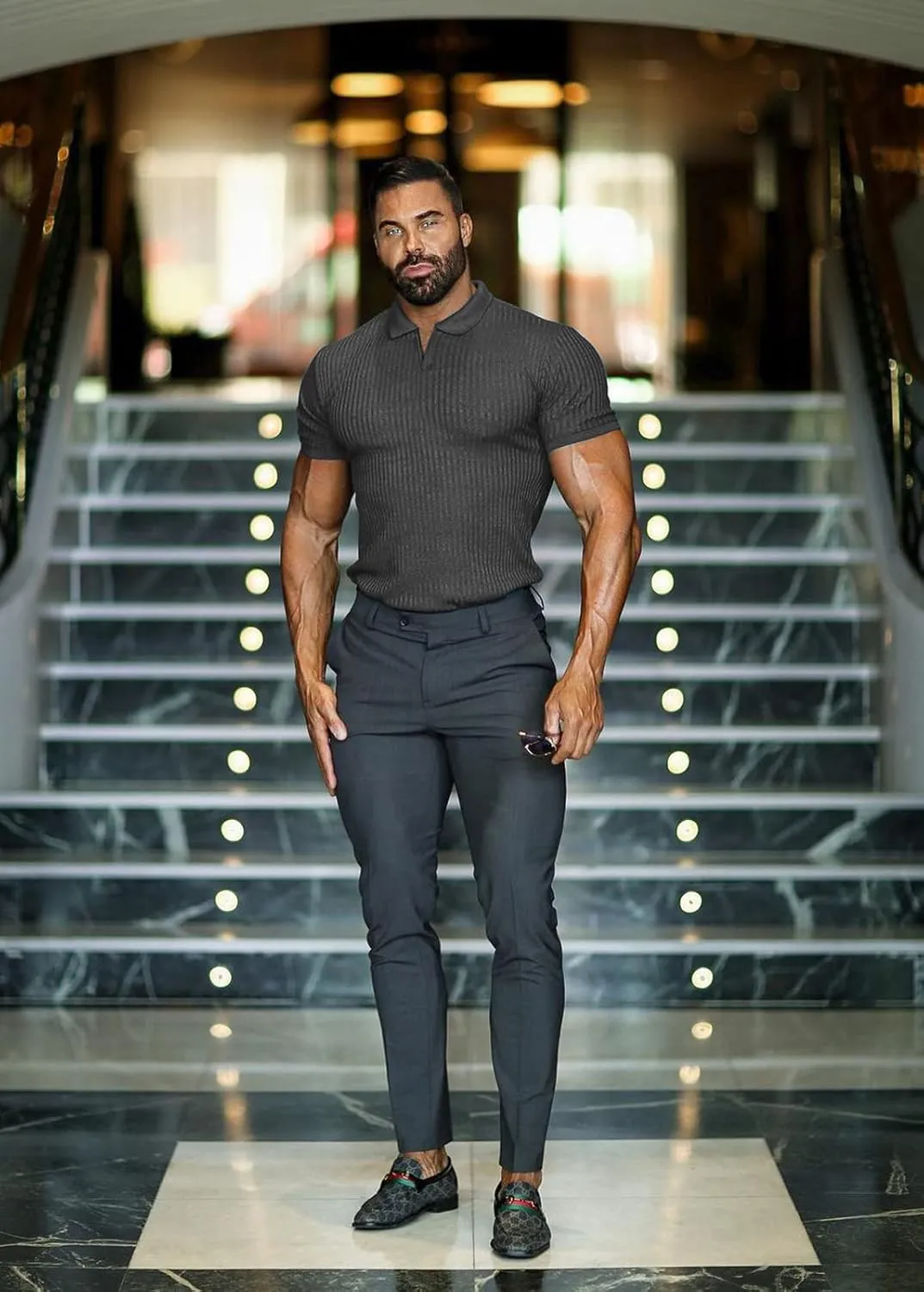 Collared Muscle Shirts for Men Ribbed Knit Slim Fit Polo Shirts Short Sleeve, Mens V Neck T Shirts Casual Stylish