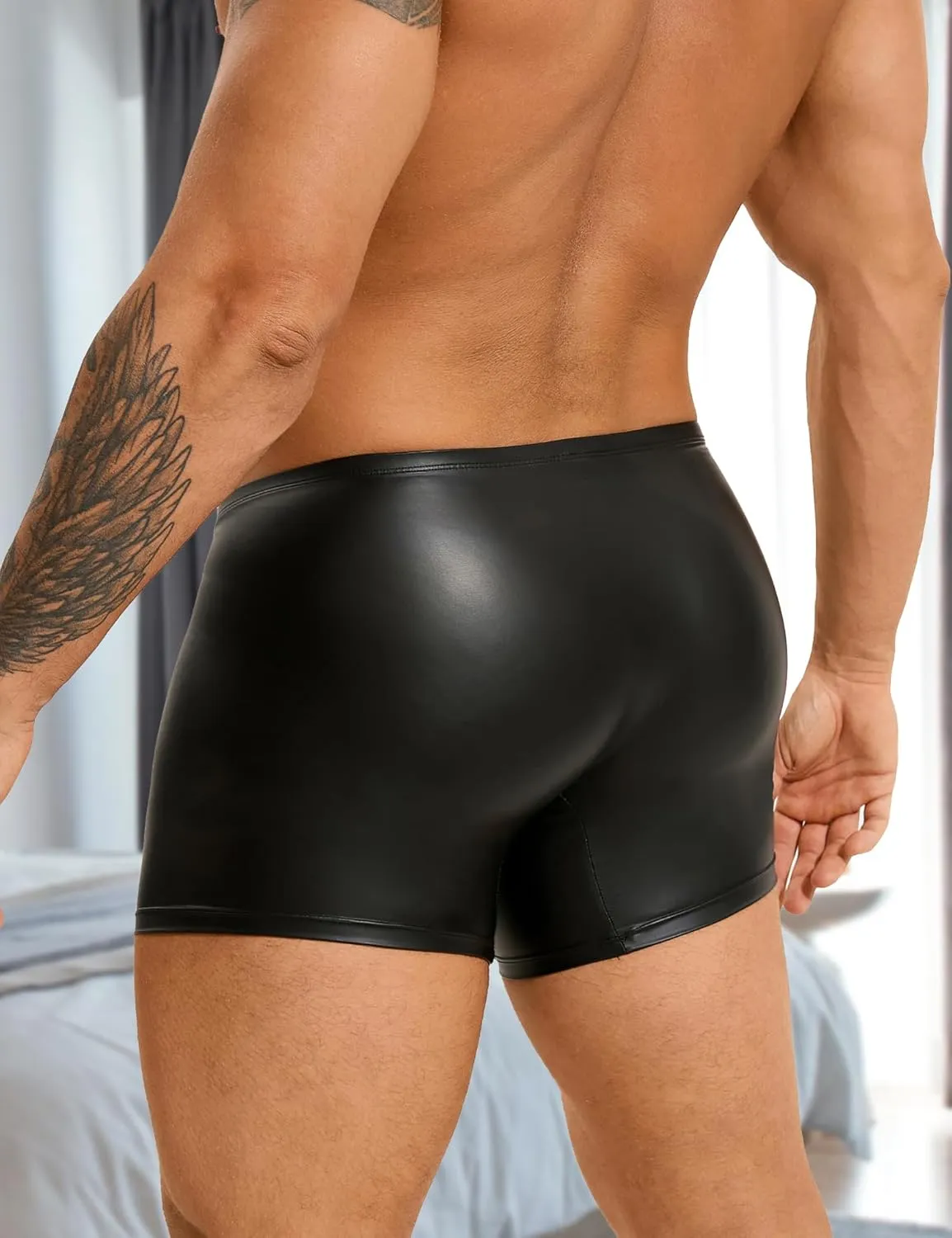 comeondear Men's Faux Leather Boxer Shorts Zipper Bulge Pouch Briefs Black Plus Size Sexy Underwear Panties