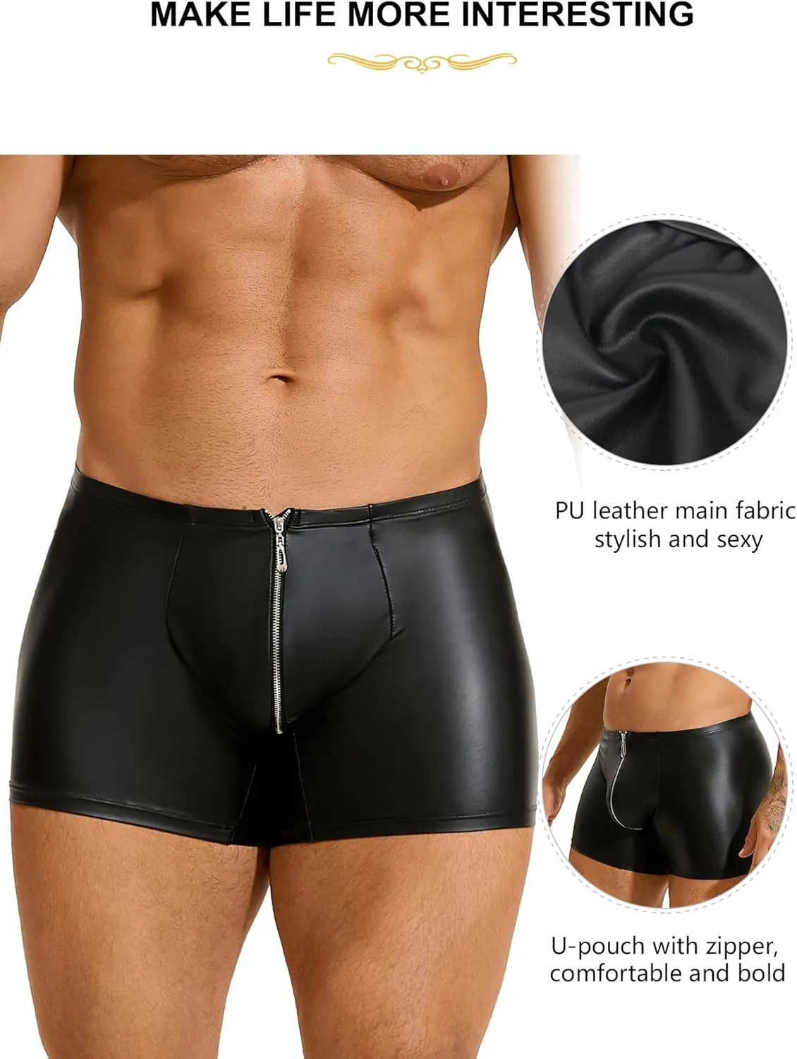 comeondear Men's Faux Leather Boxer Shorts Zipper Bulge Pouch Briefs Black Plus Size Sexy Underwear Panties