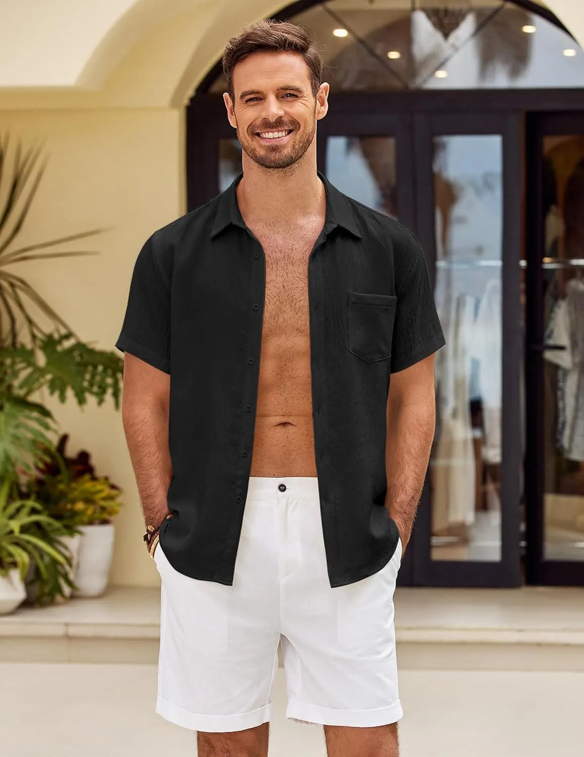 COOFANDY Mens Button Down Short Sleeve Shirt Casual Shirts Summer Beach Textured Shirts with Pocket
