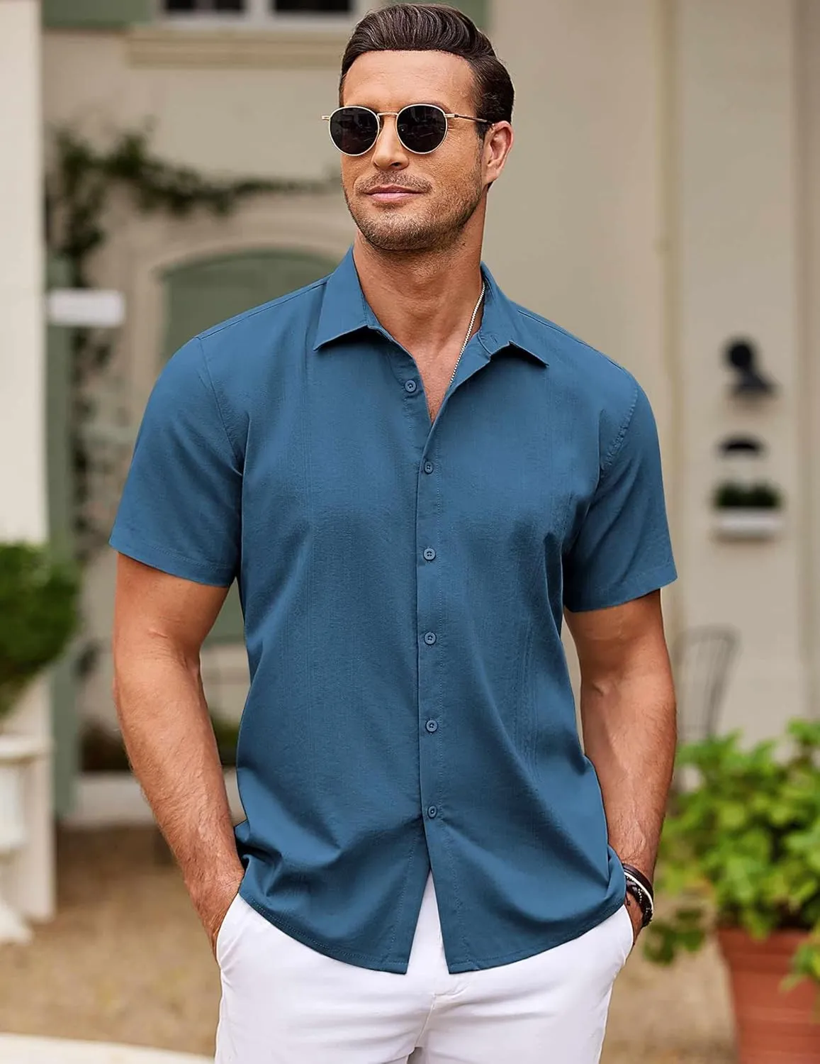 COOFANDY Men's Cuban Guayabera Shirt Short Sleeve Button Down Shirts Casual Summer Beach Shirts