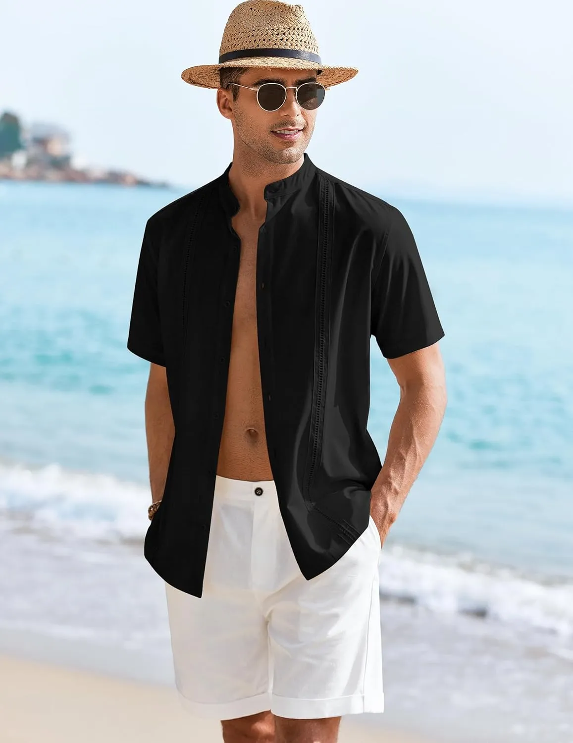 COOFANDY Mens Short Sleeve Cuban Guayabera Shirt Casual Band Collar Button Down Shirts