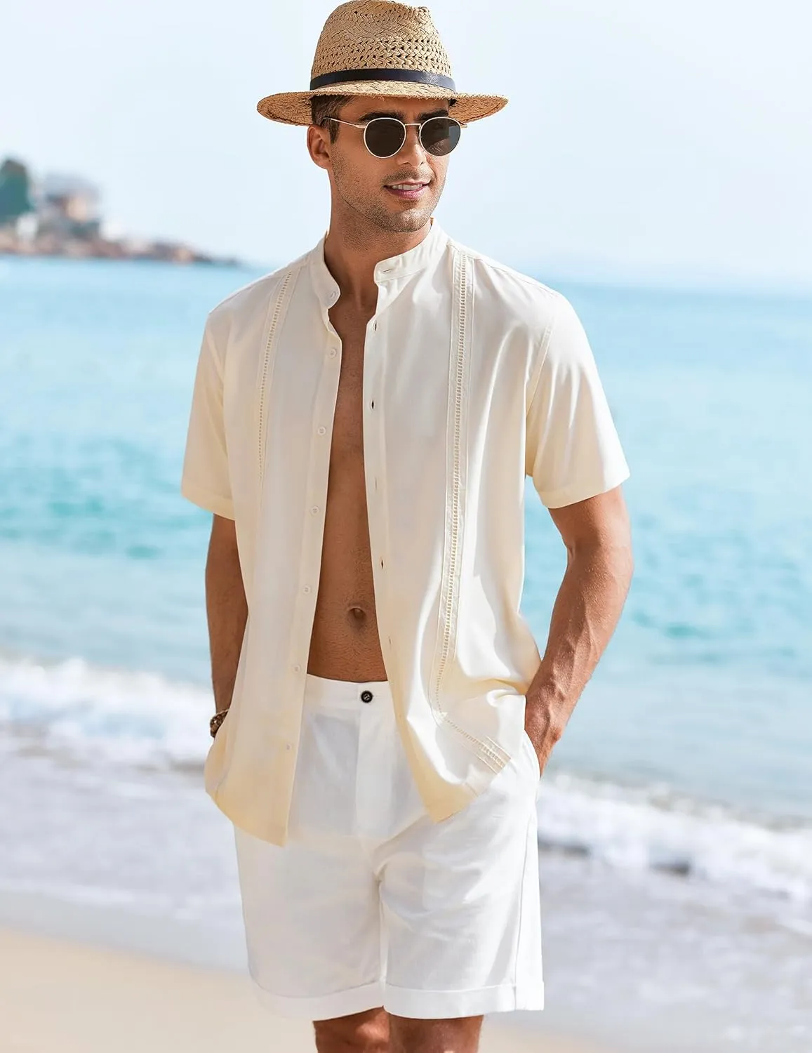 COOFANDY Mens Short Sleeve Cuban Guayabera Shirt Casual Band Collar Button Down Shirts