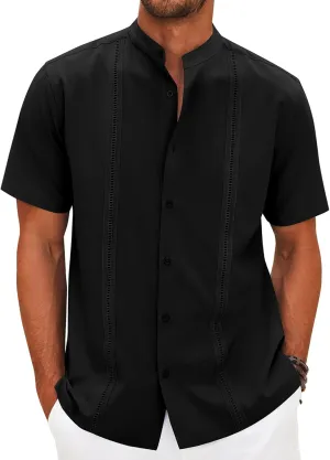 COOFANDY Mens Short Sleeve Cuban Guayabera Shirt Casual Band Collar Button Down Shirts