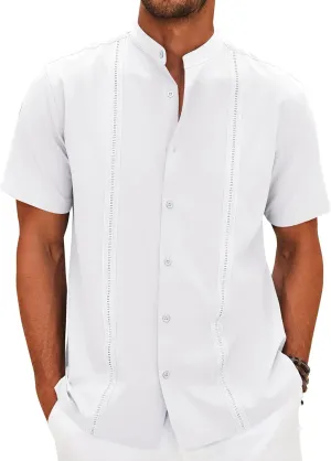 COOFANDY Mens Short Sleeve Cuban Guayabera Shirt Casual Band Collar Button Down Shirts