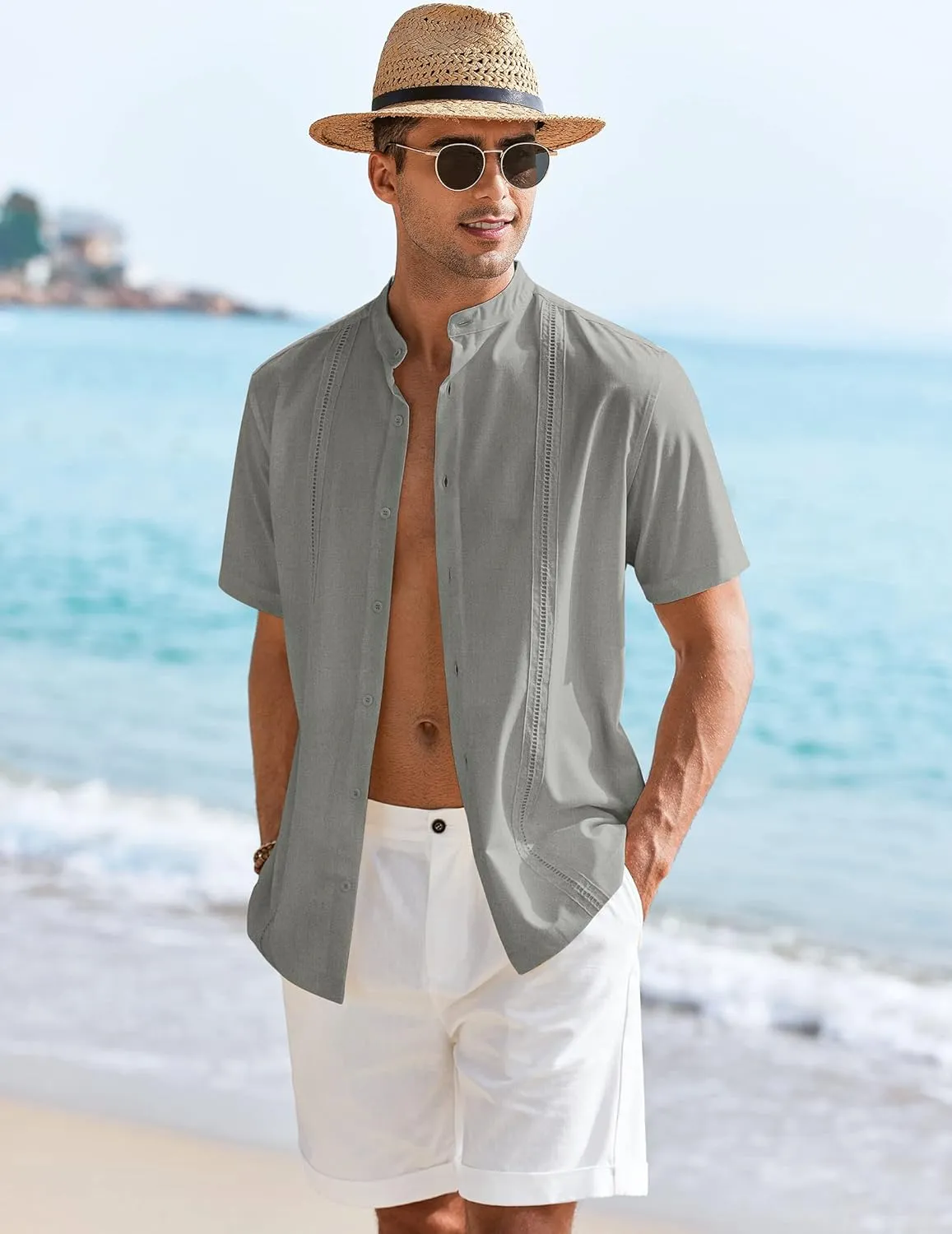 COOFANDY Mens Short Sleeve Cuban Guayabera Shirt Casual Band Collar Button Down Shirts
