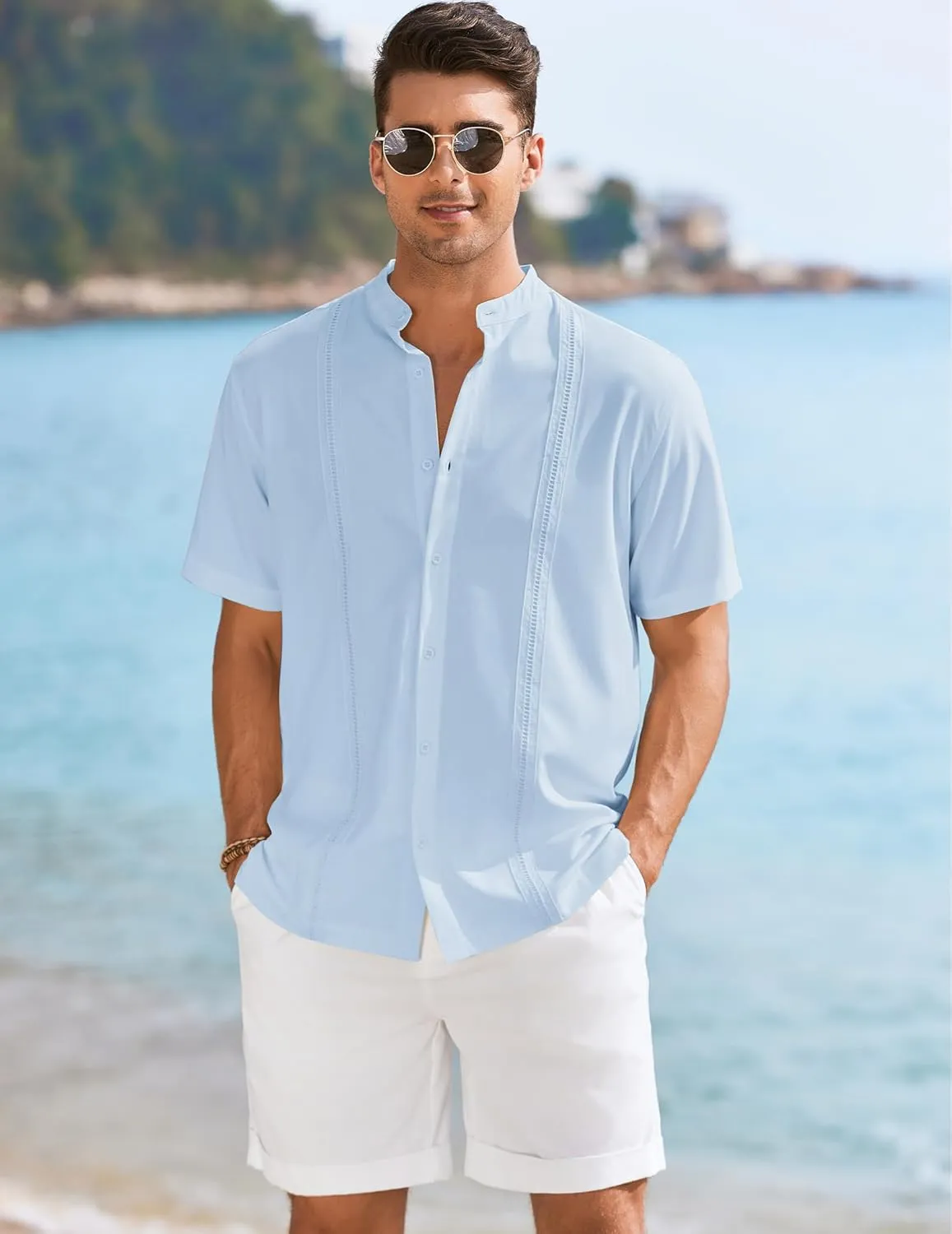 COOFANDY Mens Short Sleeve Cuban Guayabera Shirt Casual Band Collar Button Down Shirts