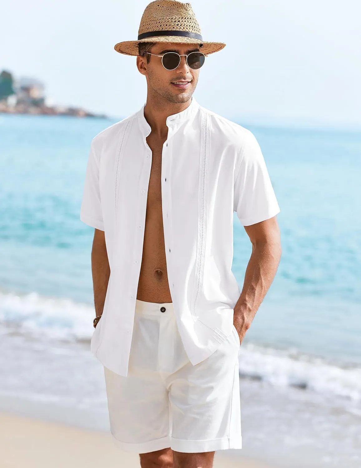 COOFANDY Mens Short Sleeve Cuban Guayabera Shirt Casual Band Collar Button Down Shirts