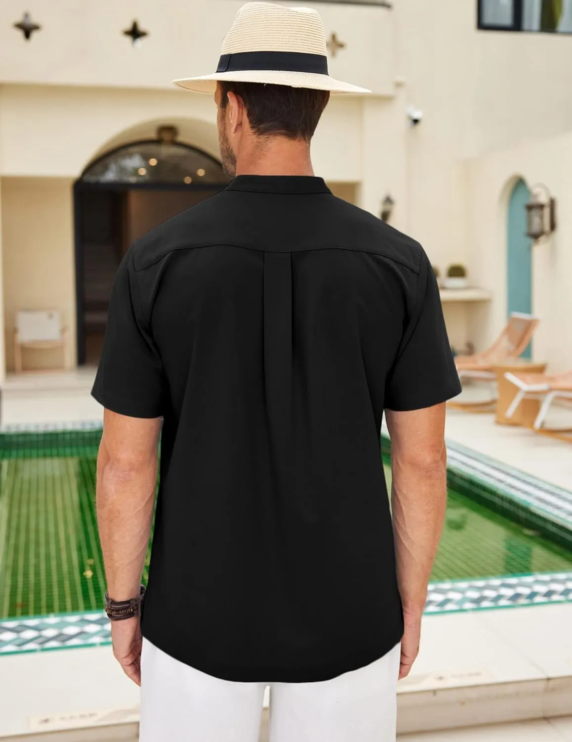 COOFANDY Mens Short Sleeve Cuban Guayabera Shirt Casual Band Collar Button Down Shirts