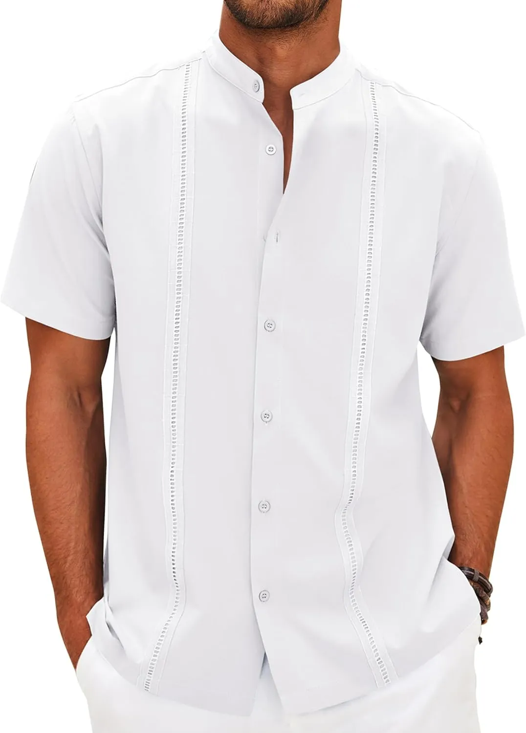 COOFANDY Mens Short Sleeve Cuban Guayabera Shirt Casual Band Collar Button Down Shirts