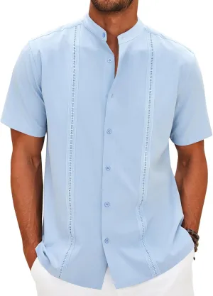COOFANDY Mens Short Sleeve Cuban Guayabera Shirt Casual Band Collar Button Down Shirts