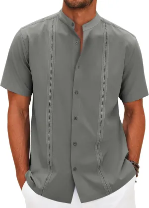 COOFANDY Mens Short Sleeve Cuban Guayabera Shirt Casual Band Collar Button Down Shirts