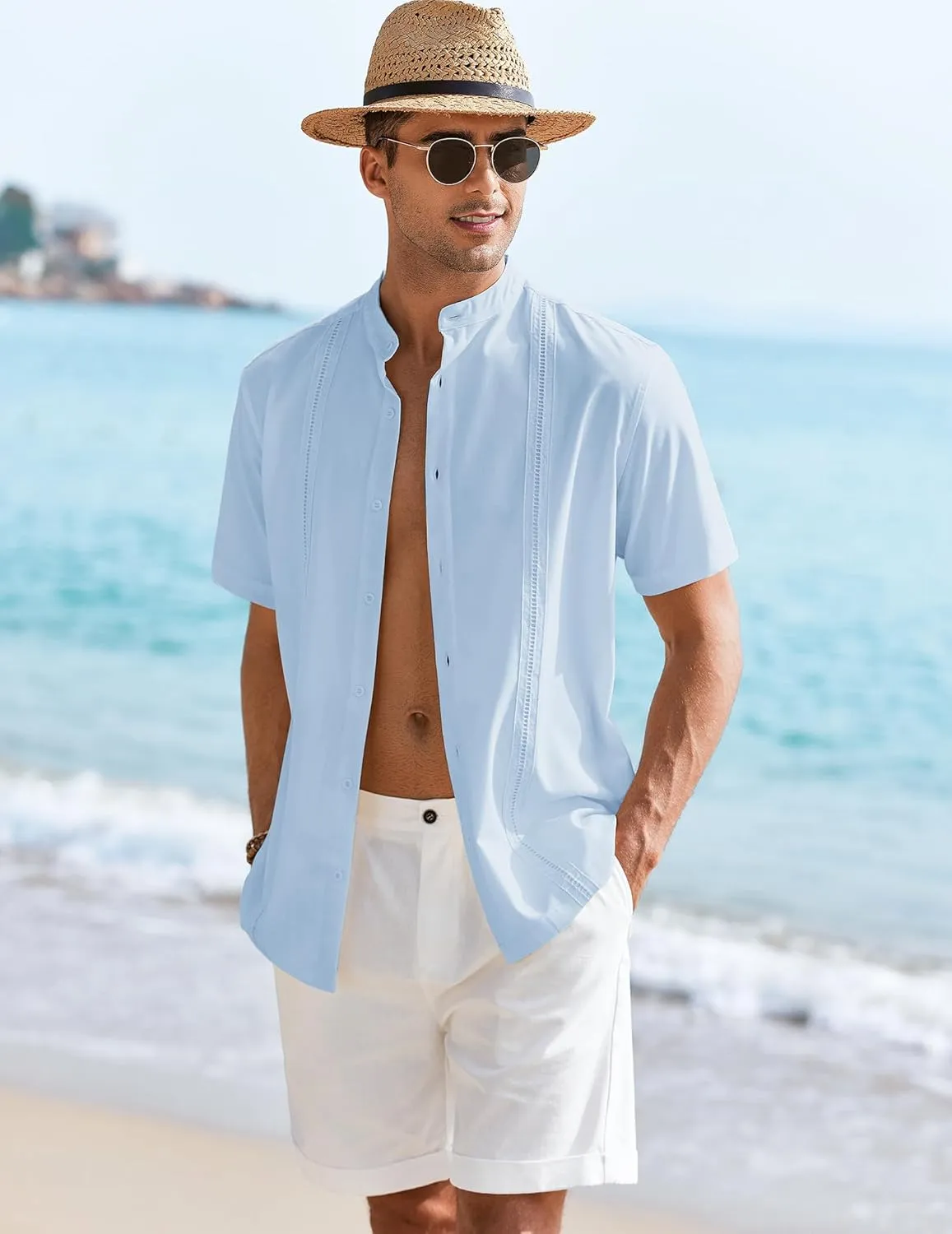 COOFANDY Mens Short Sleeve Cuban Guayabera Shirt Casual Band Collar Button Down Shirts