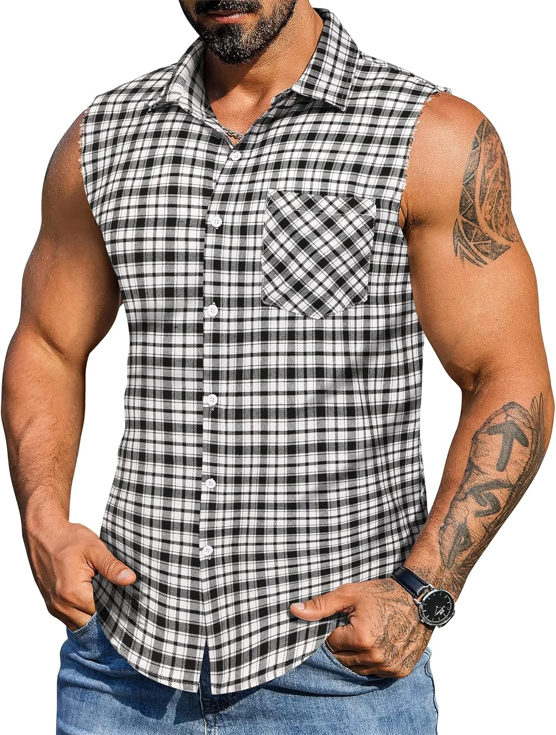 COOFANDY Mens Sleeveless Flannel Shirt Casual Summer Tank Top Button Up Sleeveless Beach Shirts with Chest Pocket
