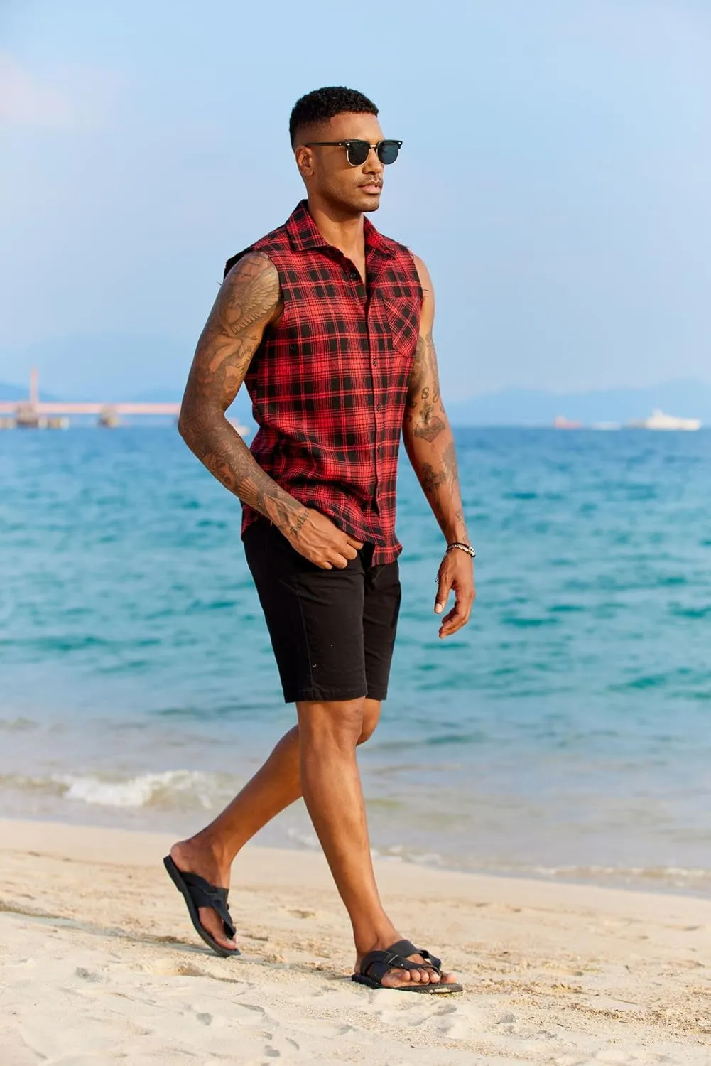 COOFANDY Mens Sleeveless Flannel Shirt Casual Summer Tank Top Button Up Sleeveless Beach Shirts with Chest Pocket